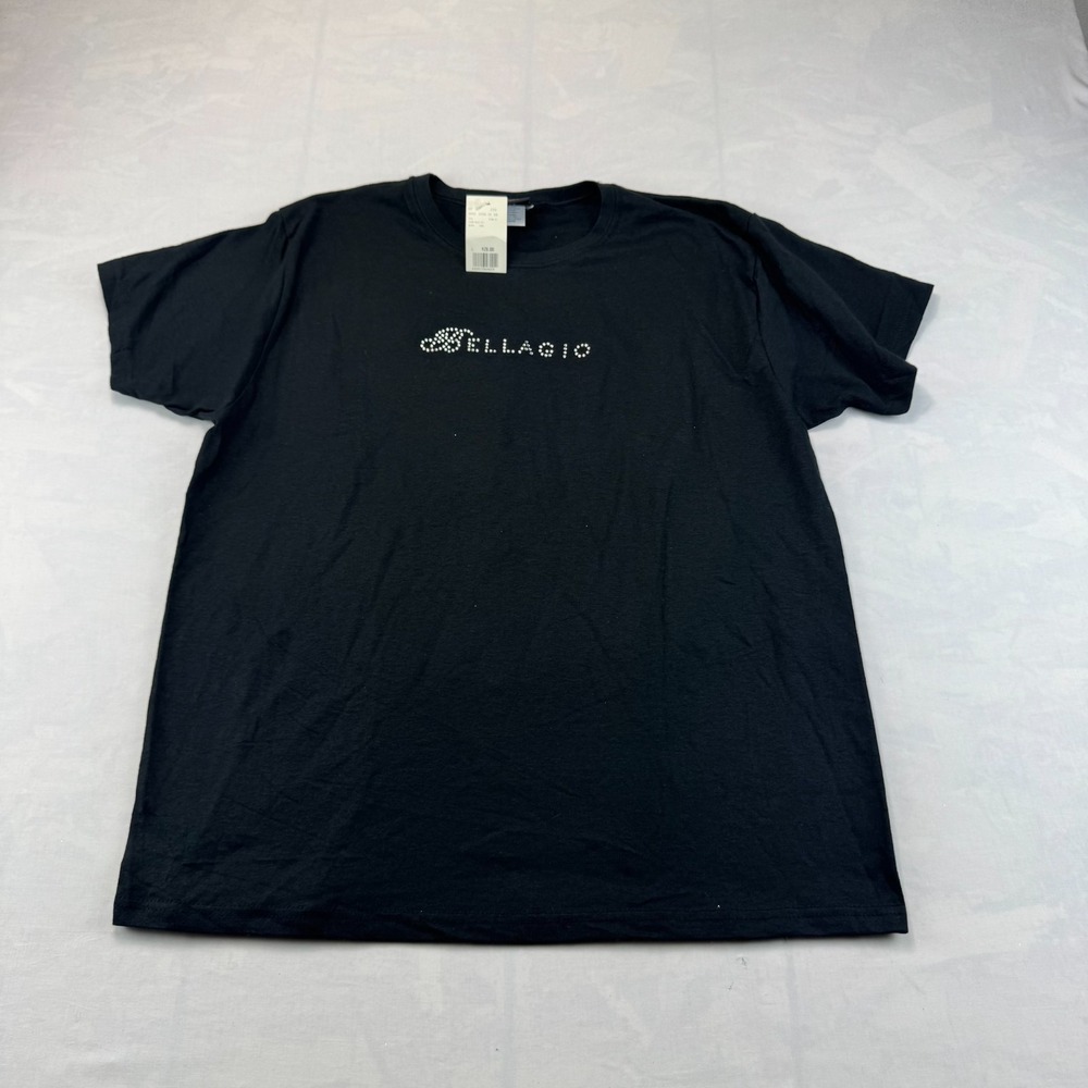 NWT Bellagio T-Shirt Womens Large Black Rhinestone Logo Short Sleeve Crew Neck